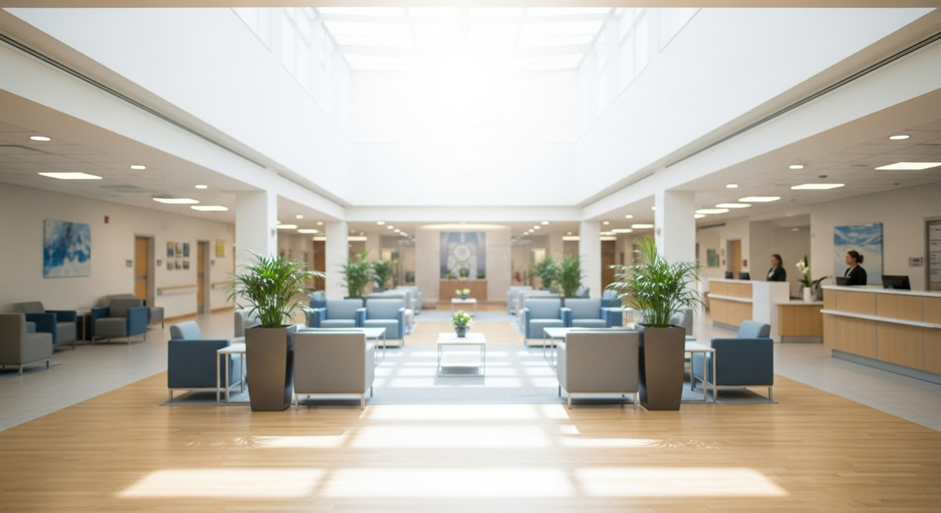 Grand hall institutionnel lumineux avec comptoir d'accueil et aires d'attente